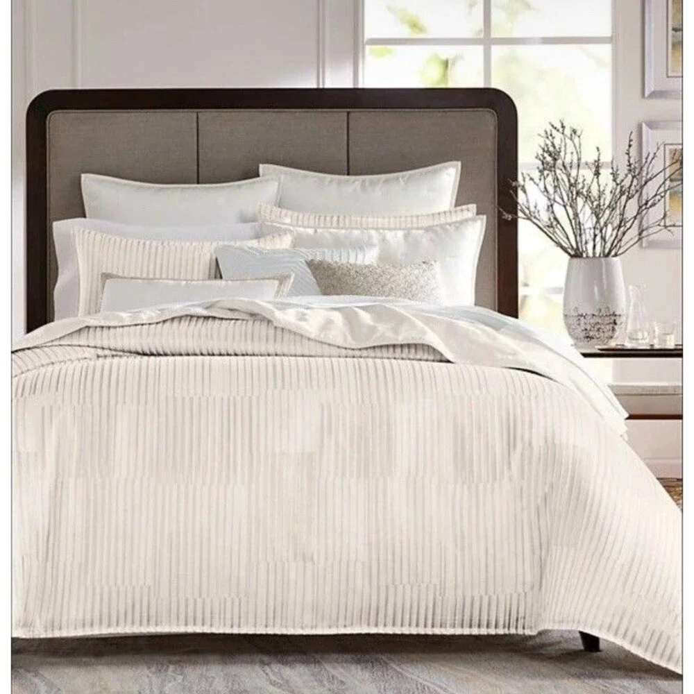 Hotel Collection Metallic Strie KING Duvet Cover & 2 King Shams Ivory / Gold